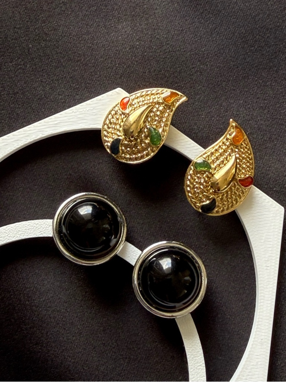 Avon Gold Teardrop Earrings with Multicolor Enamel & Avon Black Round Studs Set